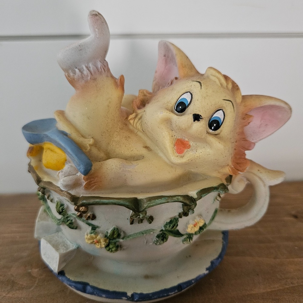 Vintage Anthropomorphic Cat Teacup Figurine Bathing Kitten Cup Saucer